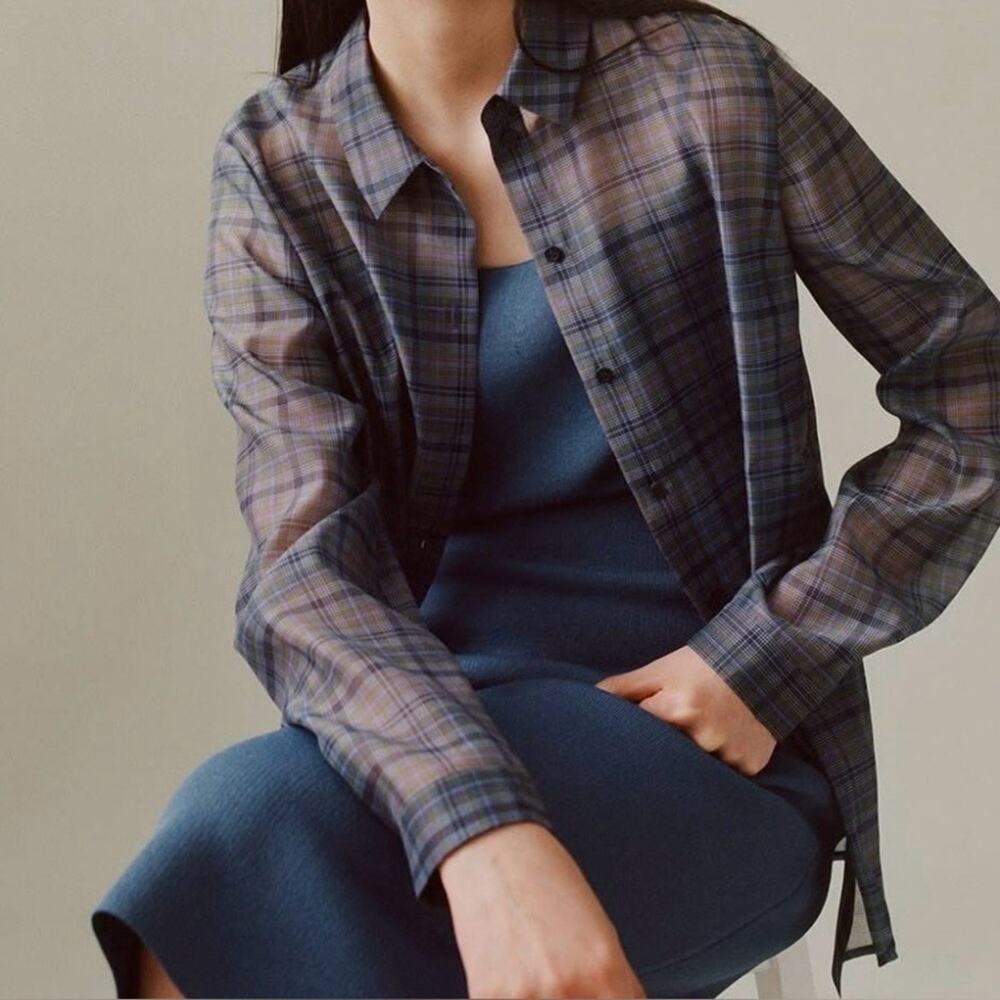 COS Plaid Button Up Blouse Shirt Semi-Sheer Blue Size 4
